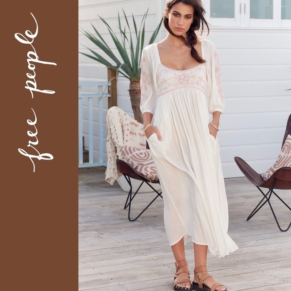 FREE PEOPLE Wedgewood Embroidered Scoop Neck 3/4 Puff Sleeve Maxi Dress/SM NWT - Picture 7 of 16